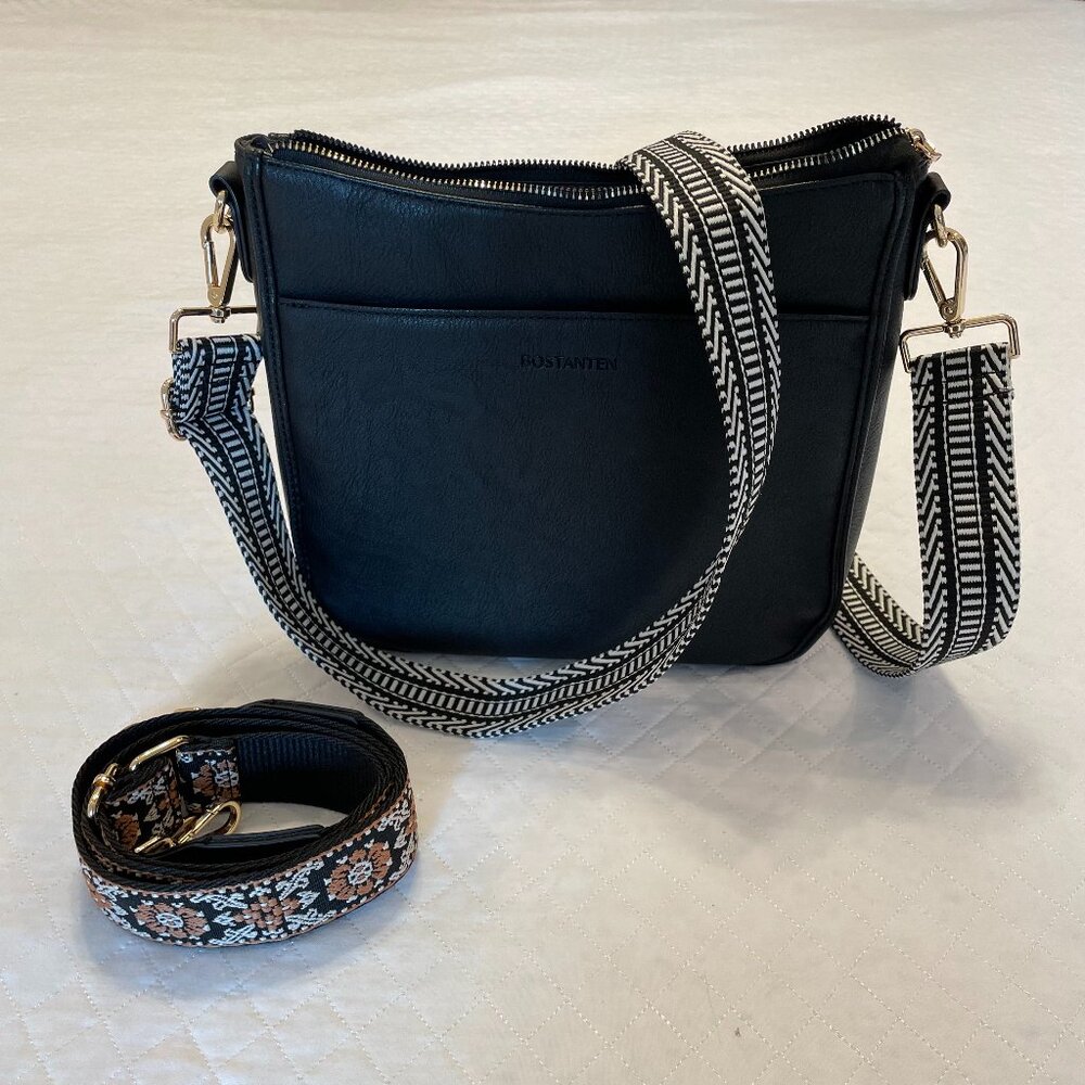 Black Bostanten Nola Medium Hobo Crossbody Purse with Two Straps